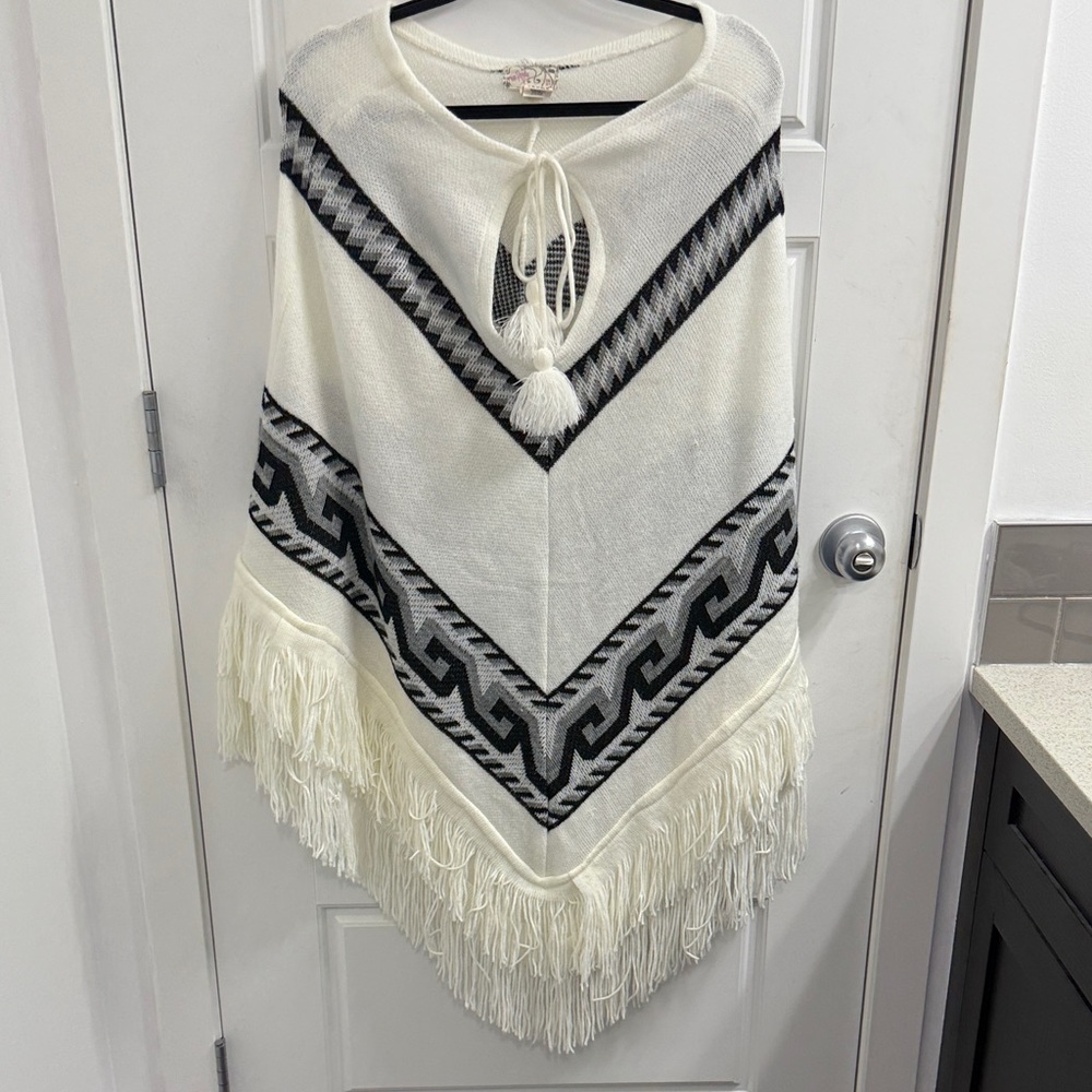 Free People Cream and Black Geometric Poncho with Fringe OS